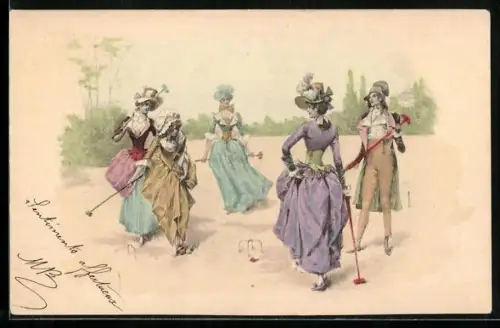 Lithographie Damen beim Krocket-Spiel