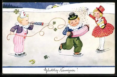 Künstler-AK Kinder mit Tröte, Konfetti und Klee auf dem Eis