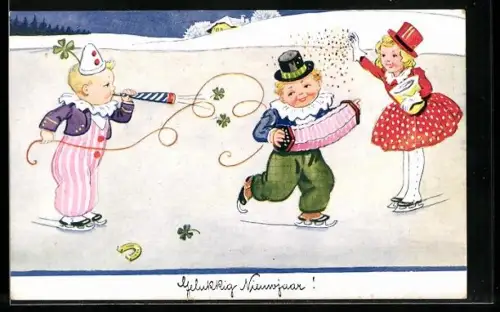Künstler-AK Drei Kinder in Kostümen zum neuen Jahr auf dem Eis