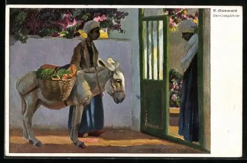 Künstler-AK Gemüsegärtner, Verkäufer mit Esel vor einem Tor
