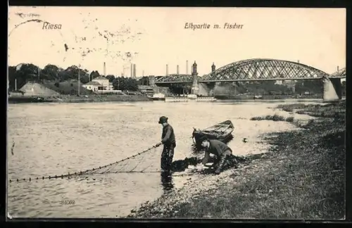 AK Riesa / Elbe, Fischer und Brücke an der Elbe