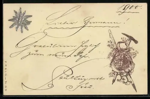 Präge-AK Bergsteigeutensilien und Edelweiss