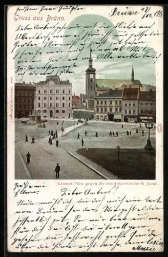 AK Brünn, Grosser Platz gegen die Stadtpfarrkirche St. Jacob