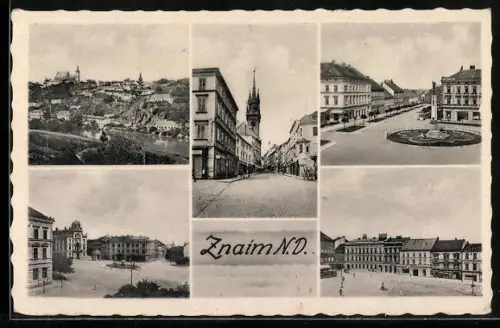 AK Znaim, Hotel, Strassenpartie mit Rathausturm, Denkmal