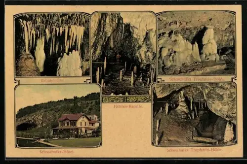 AK Sloup, Brousek-Saal, Schoschufka-Hotel, Höhen-Kapelle