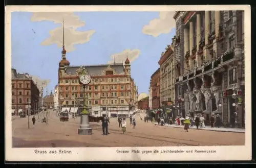 AK Brünn, Grosser Platz gegen die Strassen Liechtenstein- und Rennergasse