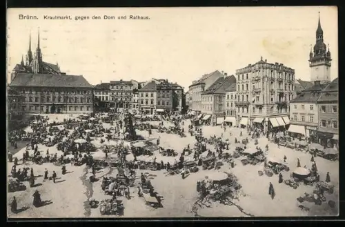 AK Brünn, Krautmarkt gegen den Dom und Rathaus