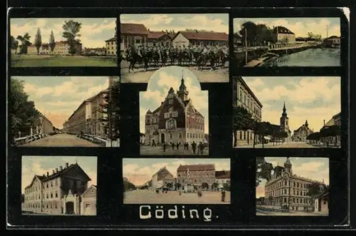 AK Göding / Hodonin, Ortsansicht mit Strassen- und Brückenpartie, Soldaten