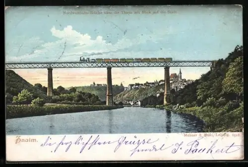 AK Znaim a. Thaya, Nordwestbahn-Brücke über die Thaya mit Blick auf die Stadt