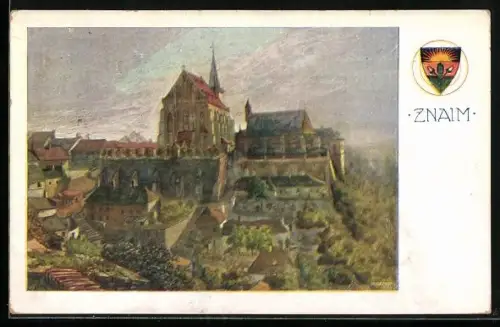 Künstler-AK Znaim, Ortsansicht mit Kirche auf einer Erhöhung, Deutscher Schulverein