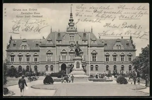 AK Brünn, Deutsches Haus mit Kaiser Josef-Denkmal