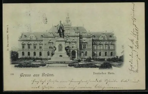 AK Brünn, Deutsches Haus mit Denkmal