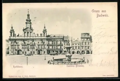 AK Budweis, Rathaus und Samson-Brunnen
