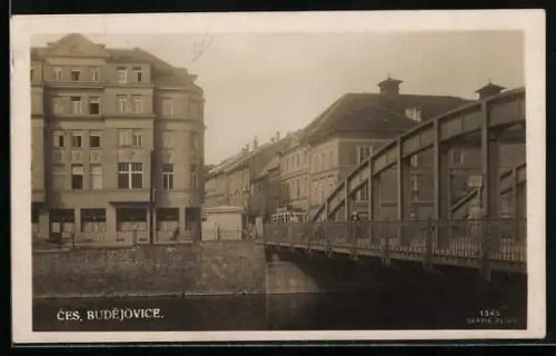 AK Ces. Budejovice, Brücke mit Strassenbahn