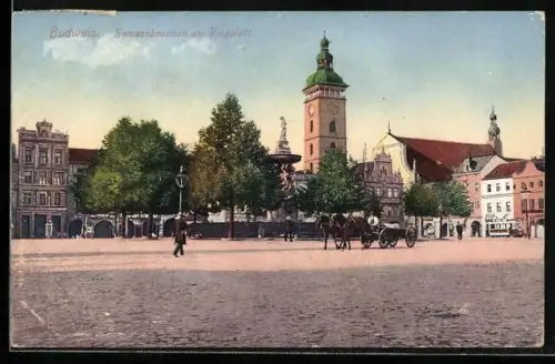 AK Budweis / Ceske Budejovice, Samsonbrunnen am Ringplatz