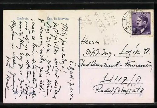 AK Budweis-Ceske Budejovice, Ortsansicht von oben