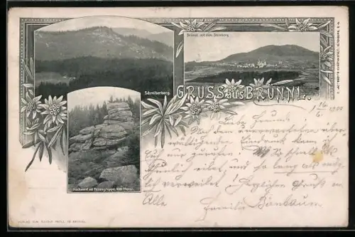AK Brünnl, Ortsansicht mit dem Steinberg, Hochwald mit Felsengruppe