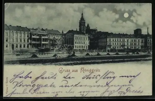 Mondschein-AK Königgrätz, Ortspartie im Vollmondlicht