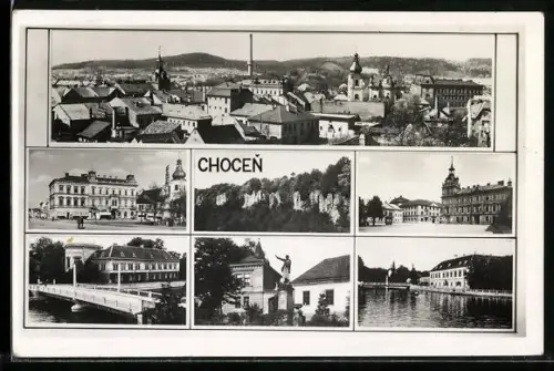 AK Chocen, Flusspartie mit Brücke, Blick auf den Ort