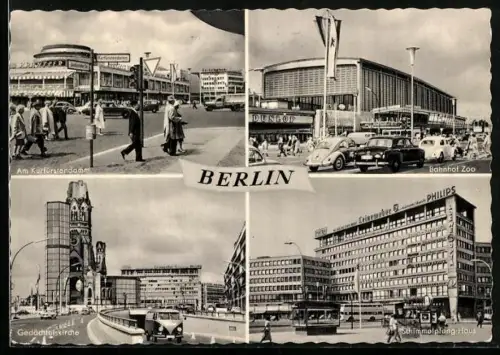 AK Berlin, Kurfürstendamm, Gedächtniskirche, Schimmelpfeng-Haus und Bahnhof Zoo