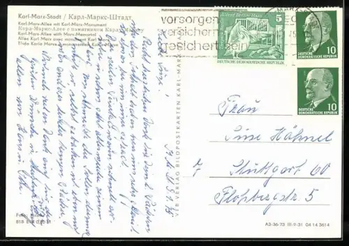 AK Karl-Marx-Stadt, Karl-Marx-Allee mit Karl-Marx-Monument