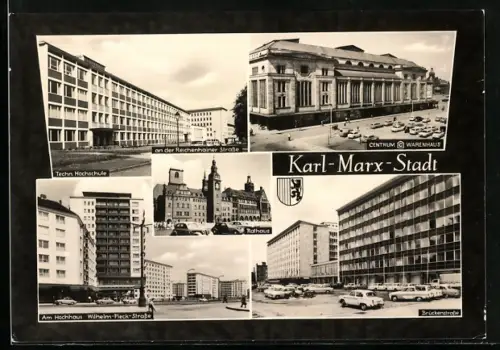 AK Karl-Marx-Stadt, Technische Hochschule an der Reichenhainer Strasse, Centrum Warenhaus, Brückenstrasse