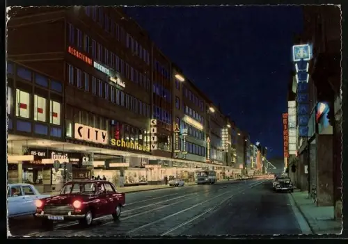 AK Saarbrücken, Bahnhofstrasse bei Nacht