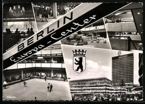 AK Berlin, Europa-Center mit Romanischem Café, Wandelgang, Eisbahn, Blumenhof