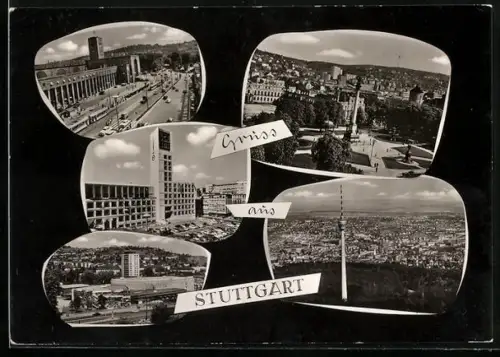 AK Stuttgart, Bahnhof, Denkmal, Fernsehturm