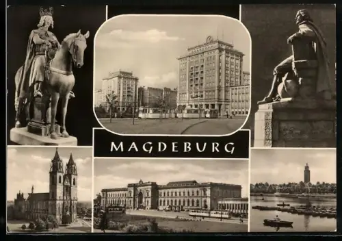 AK Magdeburg, Der Magdeburger Reiter, Wilhelm-Pieck-Allee, Otto-von-Guericke-Denkmal, Dom, Hauptbahnhof