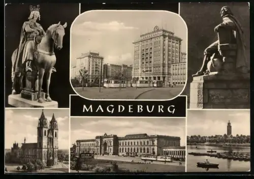 AK Magdeburg, Magdeburger Reiter, Hauptbahnhof mit Strassenbahn, Wilhelm Pieck-Allee