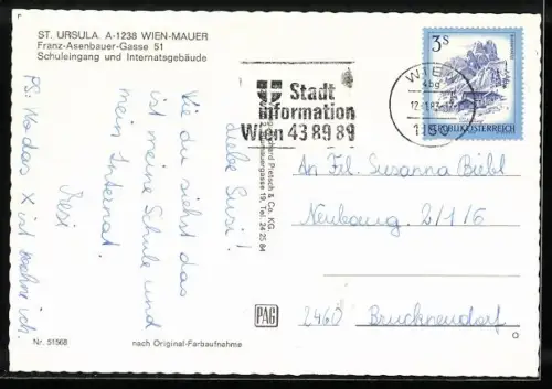 AK Wien-Mauer, St. Ursula, Franz-Asenbauer-Gasse 51, Schuleingang und Internatsgebäude