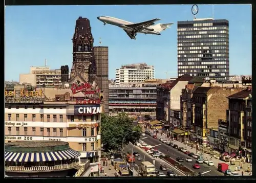 AK Berlin, Kurfürstendamm mit Gedächtniskirche und Flugzeug