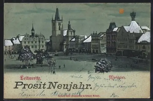 Mondschein-AK Leitmeritz, Marktplatz im Winter aus der Vogelschau, mit goldenen Fenstern, Turm, Neujahrsgruss