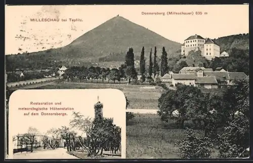 AK Milleschau bei Teplitz, Donnersberg, Gasthaus Langer u. meteorologische Höhenstation, Ortsansicht mit Schloss u. Berg