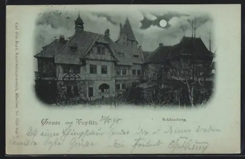Mondschein-AK Teplitz, Schlossberg, Gebäude-Ensemble