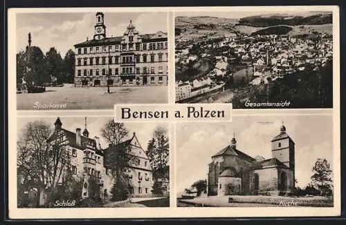 AK Bensen a. Polzen, Sparkasse u. Säulendenkmal, Schloss, Gesamtansicht