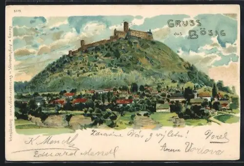 Künstler-AK Bösig, Gesamtansicht mit Burg