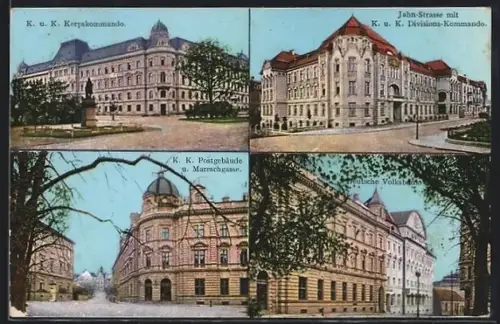 AK Leitmeritz, Jahn-Strasse mit Divisions-Kommando, Korpskommando, Postgebäude u. Mareschgasse