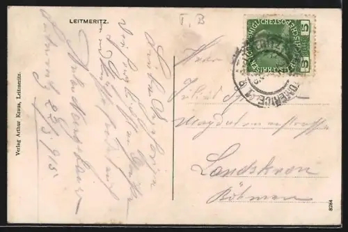 AK Leitmeritz, Jahn-Strasse mit Divisions-Kommando, Korpskommando, Postgebäude u. Mareschgasse