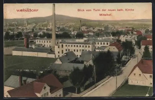 AK Warnsdorf, Ortsansicht vom Turm der neuen kath. Kirche, mit Fabrik, Mittelhof