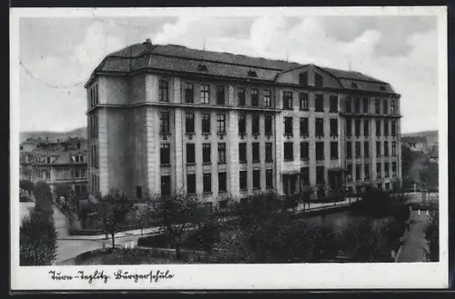 AK Teplitz, Turn, Bürgerschule mit Strasse und Anlage aus der Vogelschau