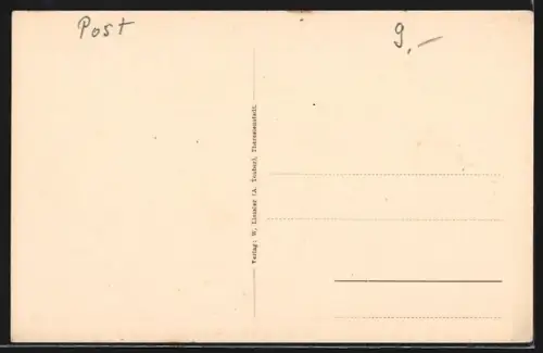 AK Theresienstadt, Neues Postgebäude u. Nachbarhäuser mit Strasse, Ansicht von oben