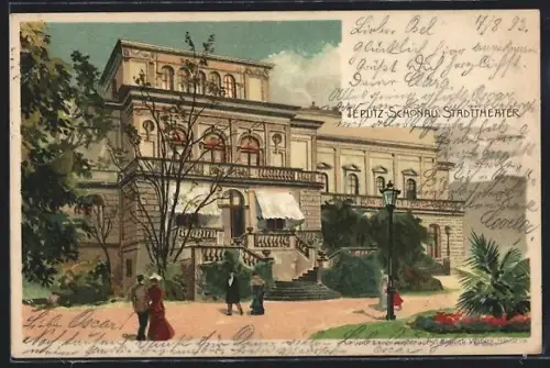 Lithographie Teplitz-Schönau, Stadttheater mit Anlage