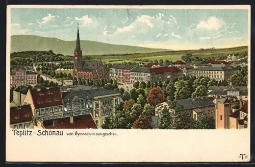 Lithographie Teplitz-Schönau, Teilansicht mit Kirche, vom Gymnasium aus gesehen