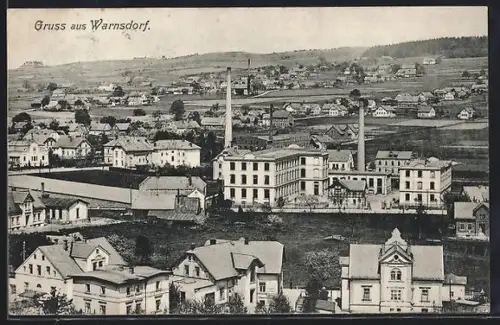 AK Warnsdorf, Ortsansicht mit Villen und Fabrik aus der Vogelschau