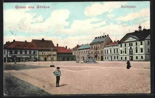 AK Görkau, Marktplatz mit Brunnen und Geschäftshäusern, Panorama