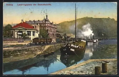 AK Aussig, Landungsplatz der Dampfschiffe, Schiffe, Güterwaggons, Restaurant