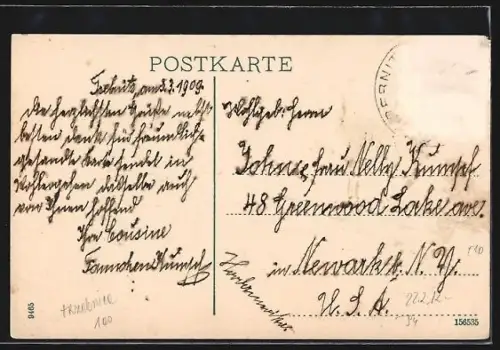 AK Trebnitz, Blick zur Kirche, Strassenpartie im Ort