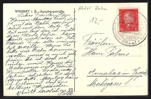 AK Weipert i. B., Hotel Zahm in der Annabergstrasse